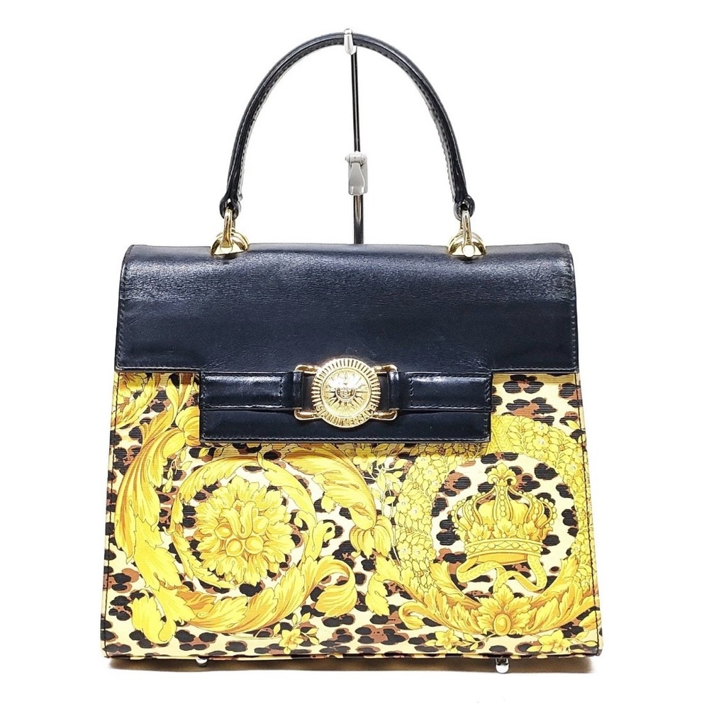 VINTAGE GIANNI VERSACE SUN MEDALLION BAROQUE LEOPARD TOP HANDLE BAG β¨